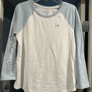 Under Armour White and Light Blue Baseball Shirt, 3/4 Sleeve